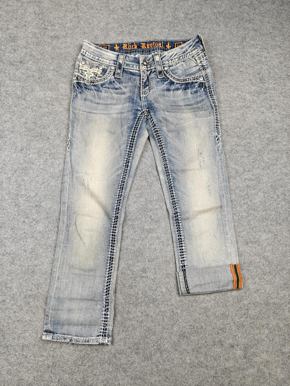 Rock Revival Jeans Womens 25 Blue Ella Capri Embroidered Rhinestone 23.5 Inseam